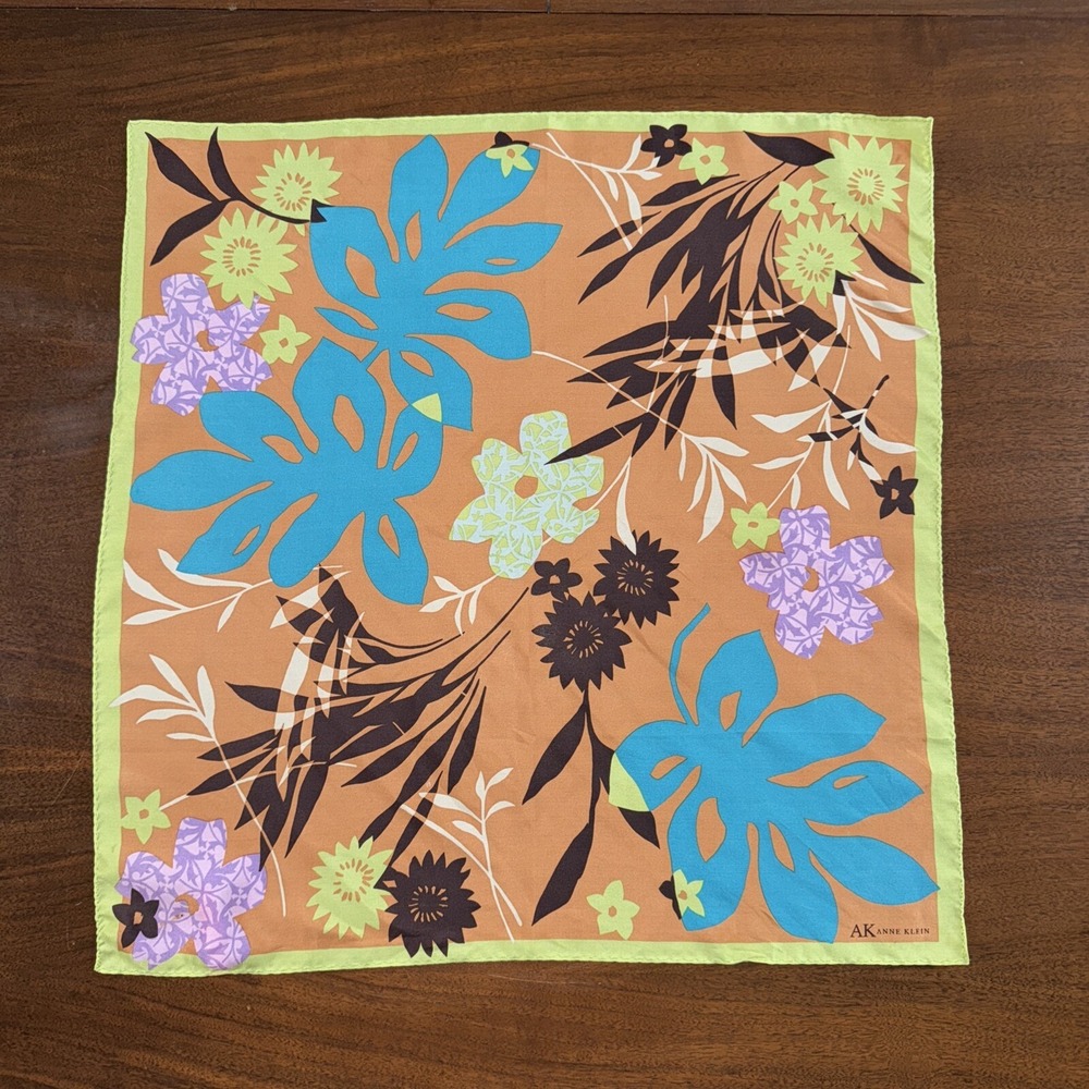 ANNE KLEIN SQUARE 100% SILK SCARF - ORANGE MULTI- 21" X 21"